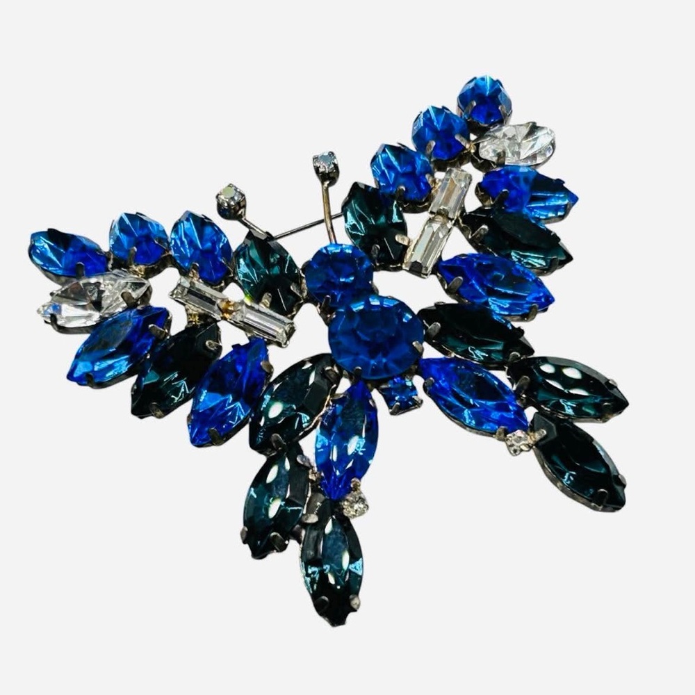 Huge Vintage Rhinestone Butterfly Brooch Sapphire and Montana Blue